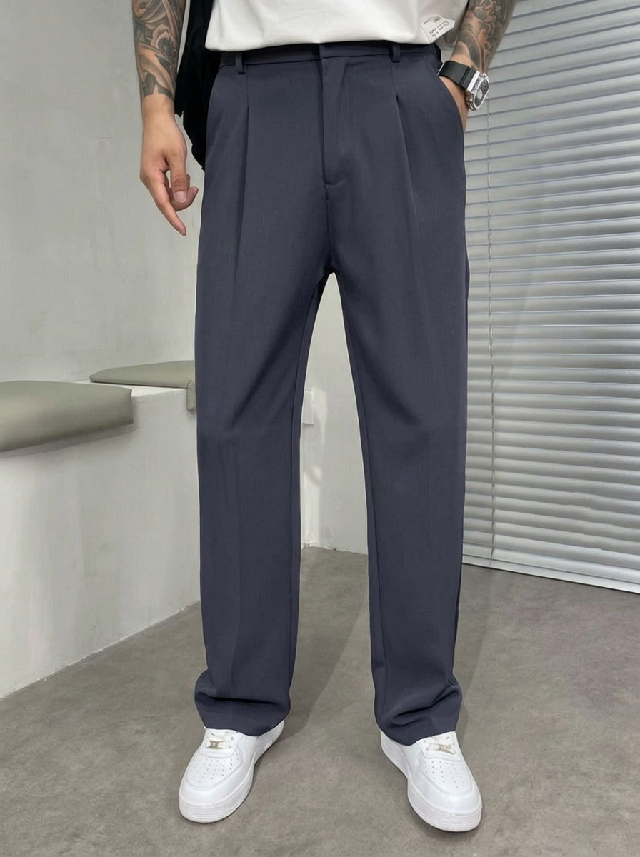 Men's Pleated Tailored Trousers with Straight Leg