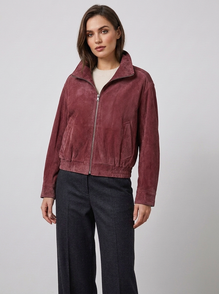 Women's Suede Baseball Jacket with Retro Cut