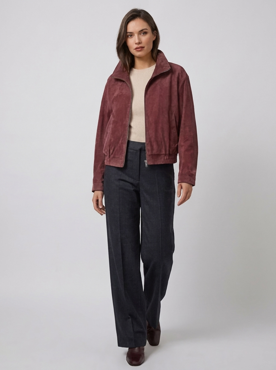 Women's Suede Baseball Jacket with Retro Cut