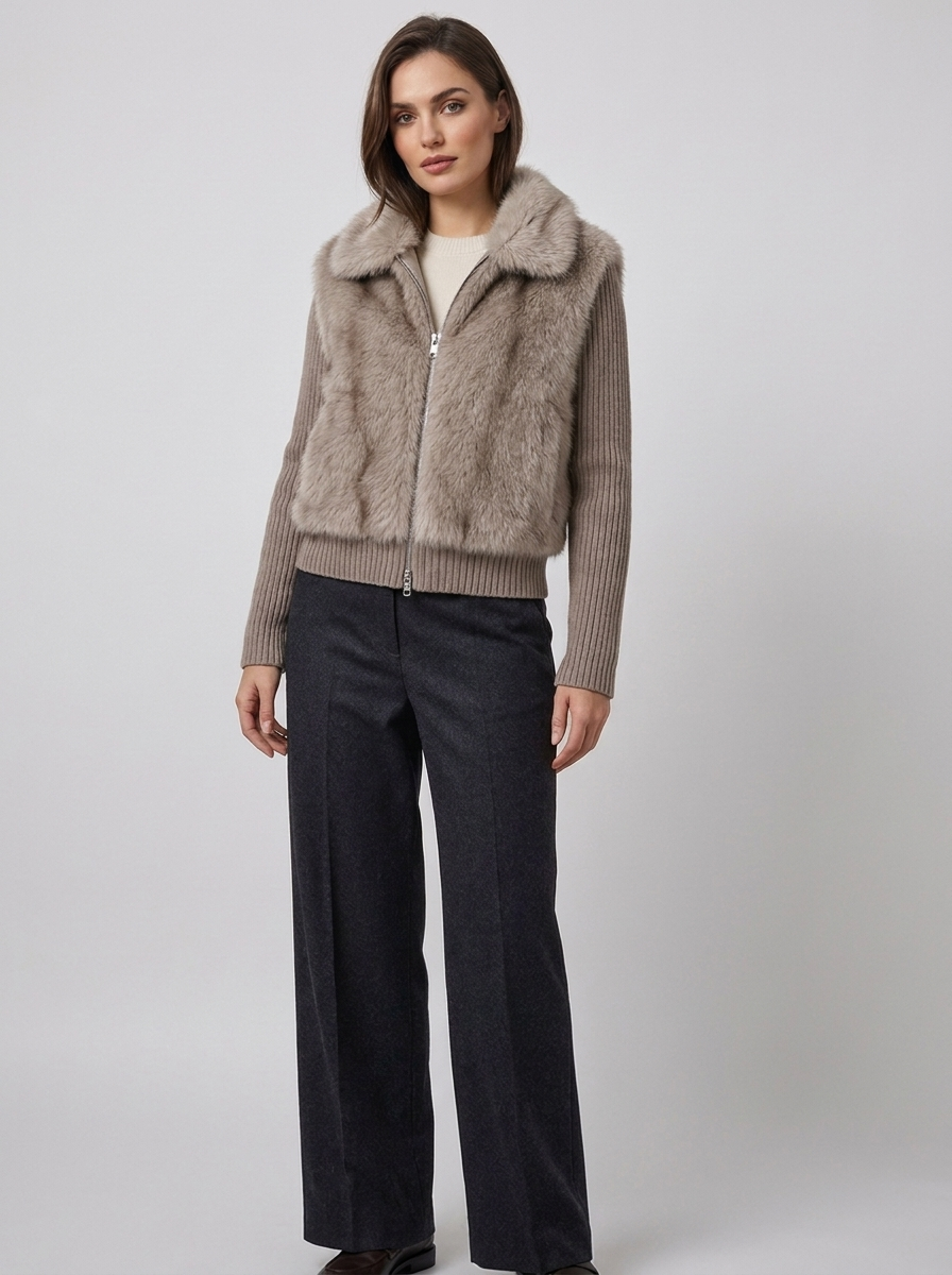 Women's Faux Fur Knitted Jacket with Zip Front
