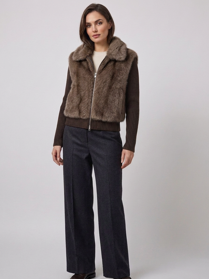 Women's Faux Fur Knitted Jacket with Zip Front