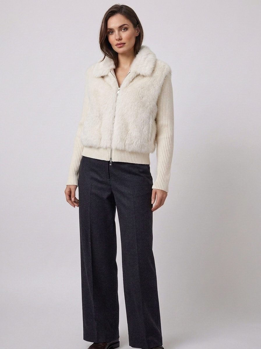 Women's Faux Fur Knitted Jacket with Zip Front