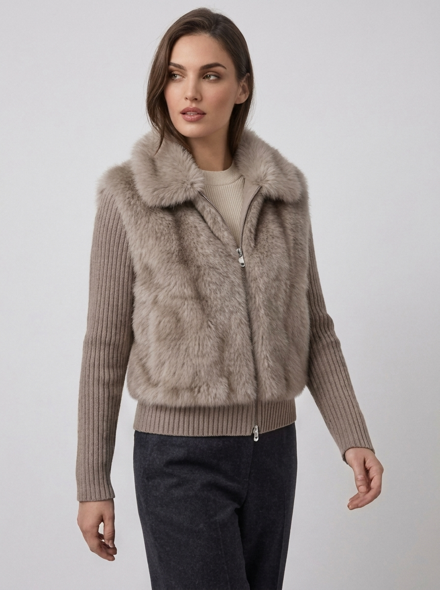 Women's Faux Fur Knitted Jacket with Zip Front