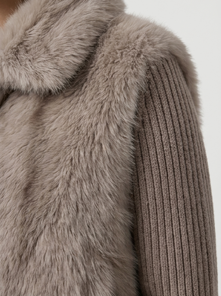 Women's Faux Fur Knitted Jacket with Zip Front