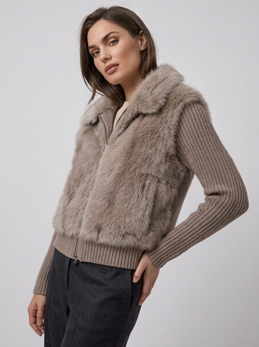 Women's Faux Fur Knitted Jacket with Zip Front