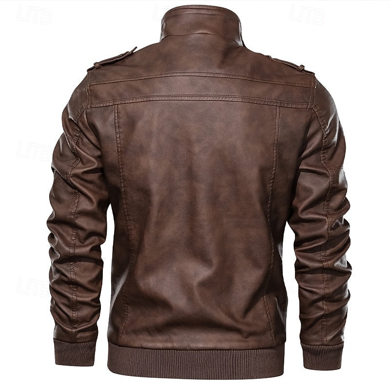 Men's Leather Biker Jacket with Stand Collar