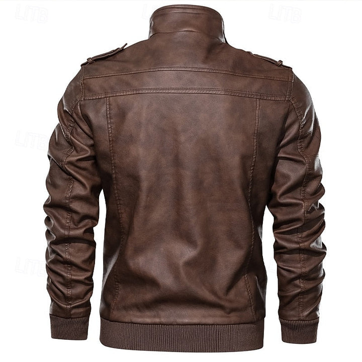 Men's Leather Biker Jacket with Stand Collar