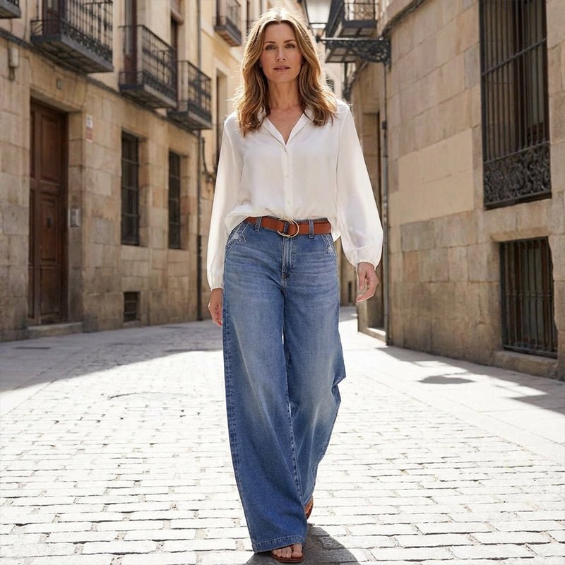 Women's High-Waisted Wide Leg Jeans with Contrast Stitching