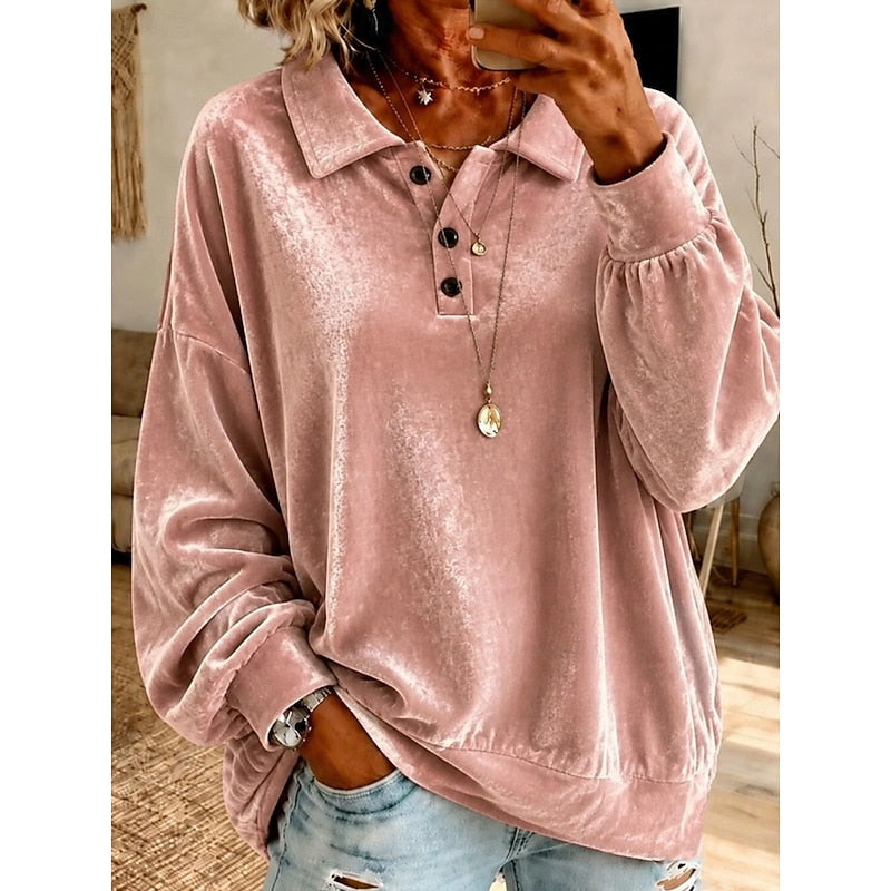 Women's Velvet Collared Top with Button Placket