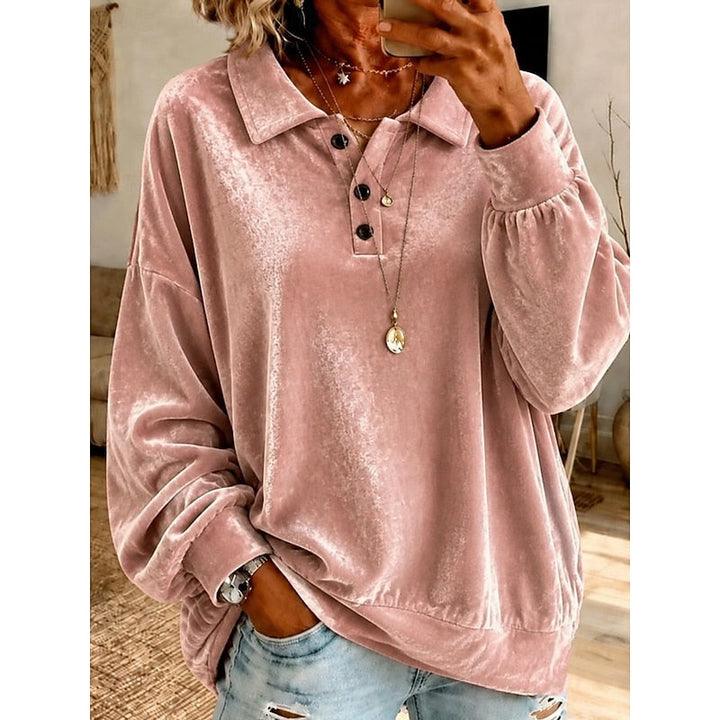 Women's Velvet Collared Top with Button Placket