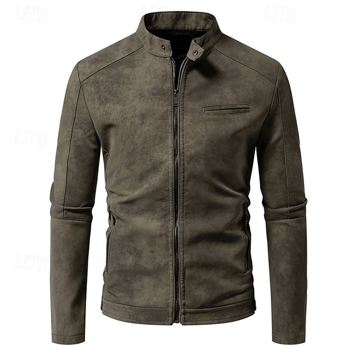 Men's Faux Leather Biker Jacket with Stand Collar
