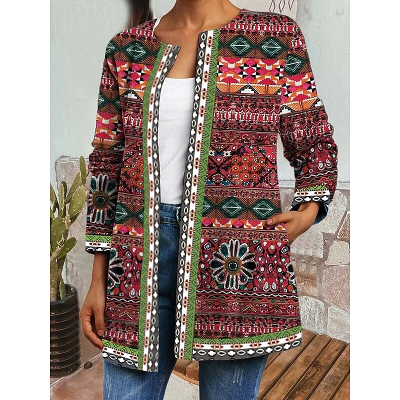Veste à motifs pour femme, ouverte sur le devant, avec poches latérales