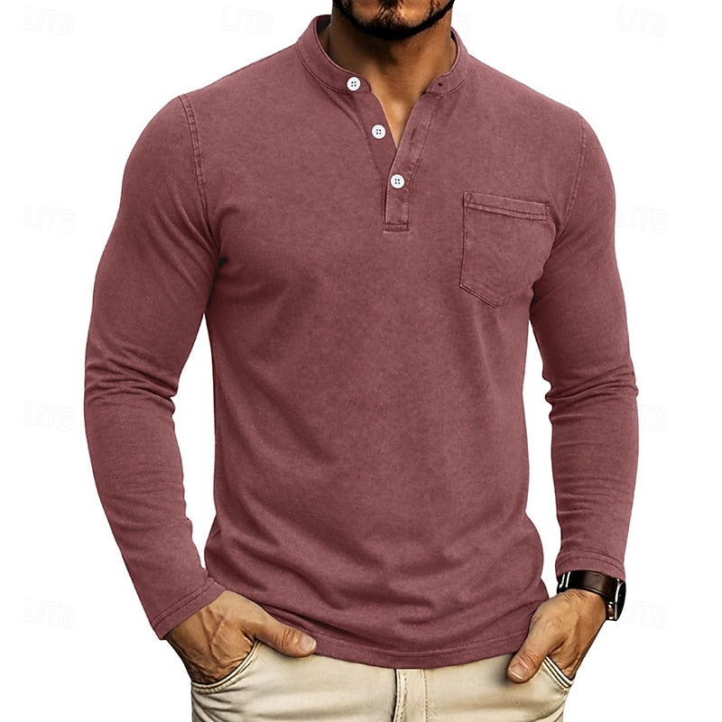 Men's Long Sleeve Henley with Chest Pocket