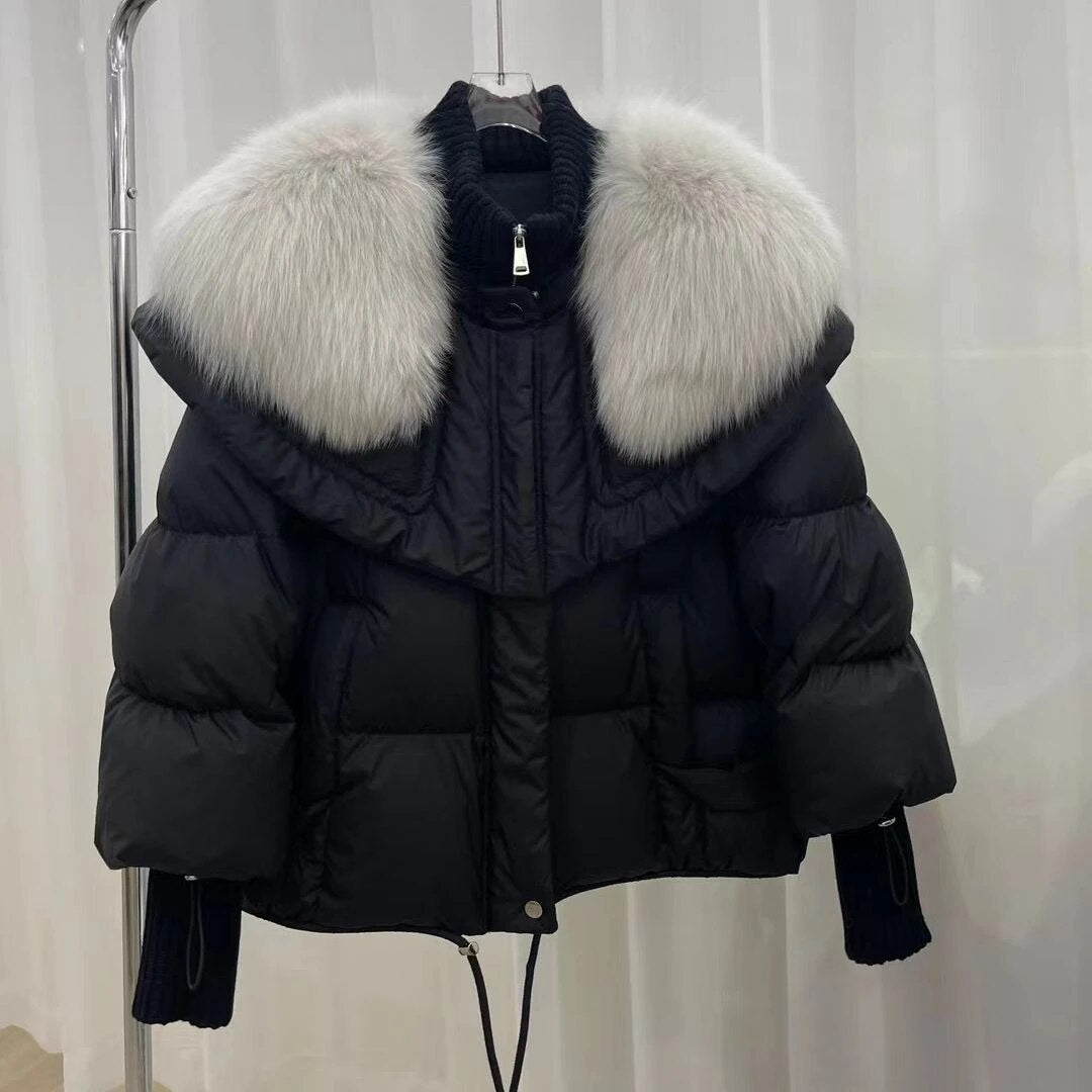 Women's Cropped Puffer Jacket with Oversized Fur Collar