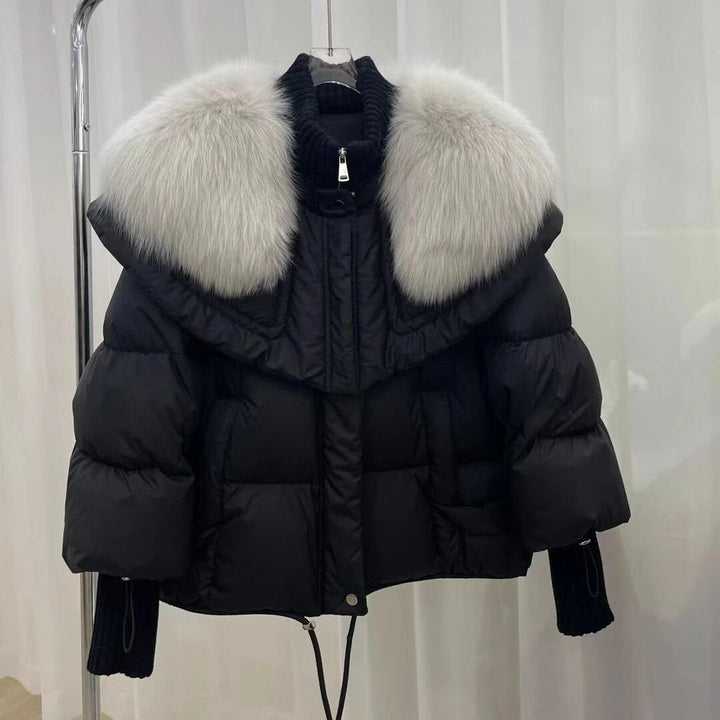 Women's Cropped Puffer Jacket with Oversized Fur Collar