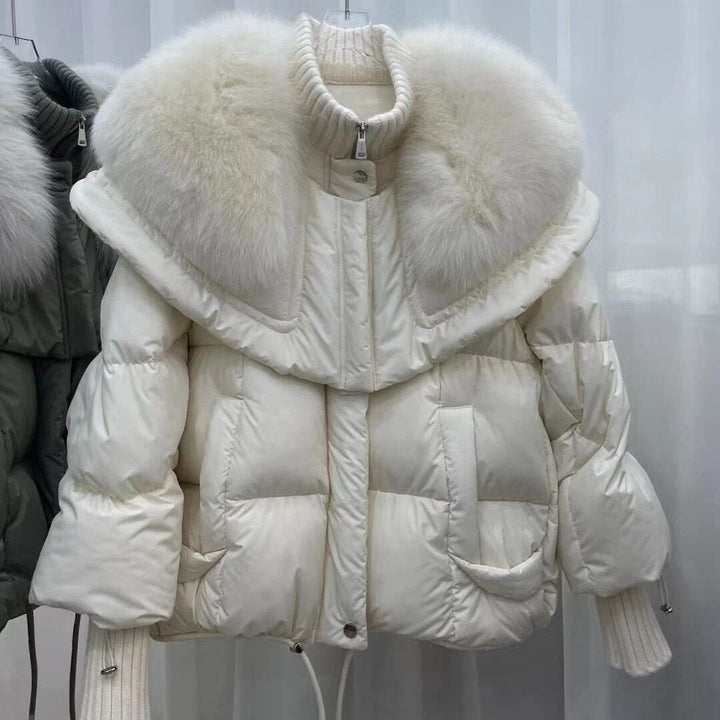 Women's Cropped Puffer Jacket with Oversized Fur Collar