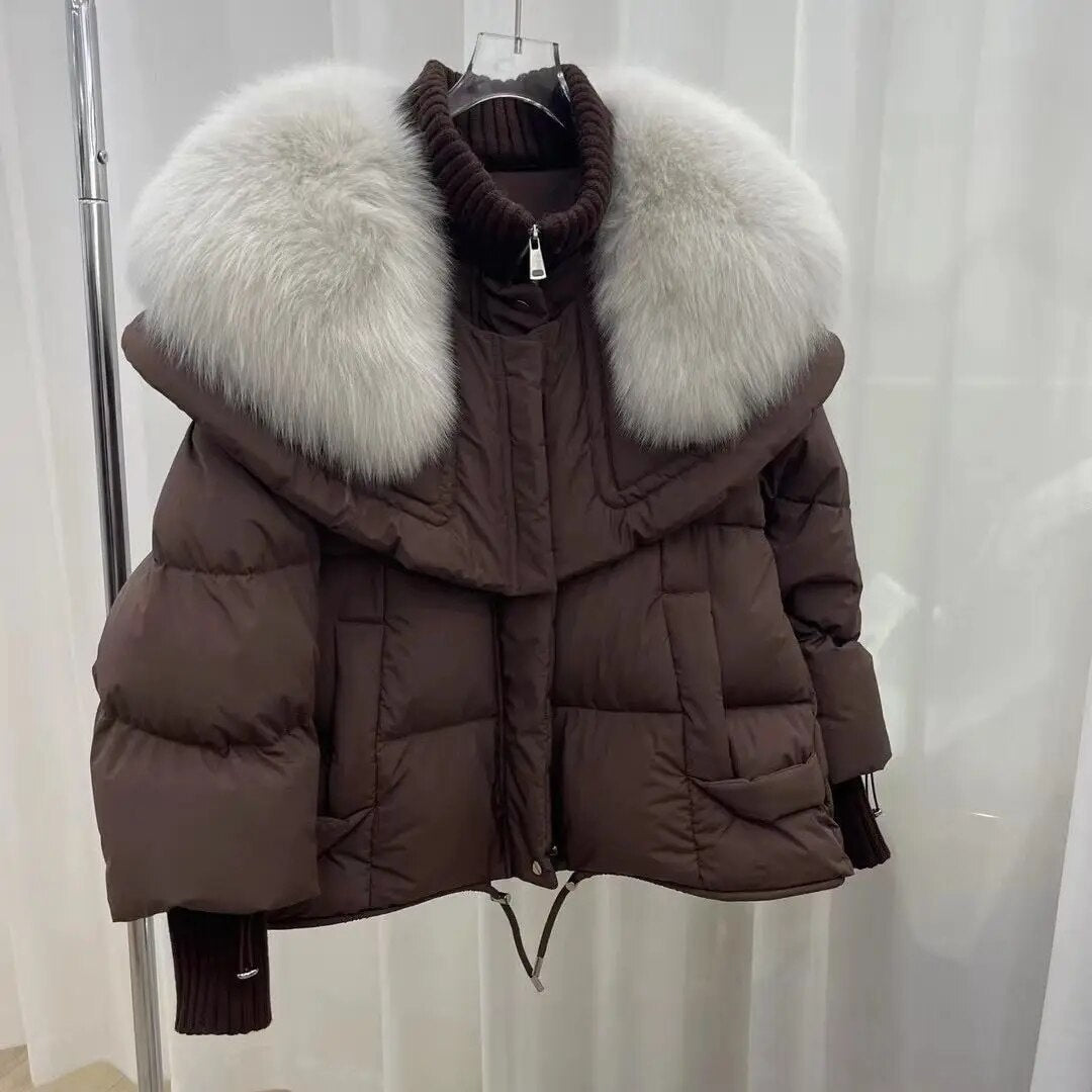 Women's Cropped Puffer Jacket with Oversized Fur Collar