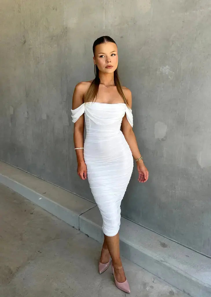 Women's Ruched Off-Shoulder Midi Party Dress