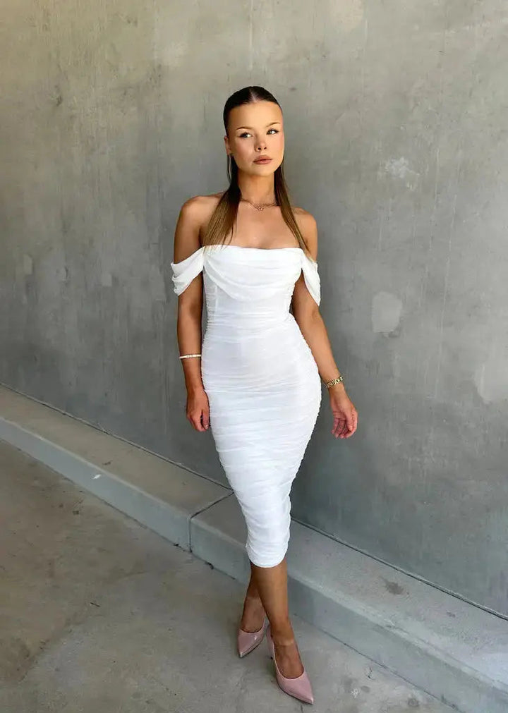 Women's Ruched Off-Shoulder Midi Party Dress