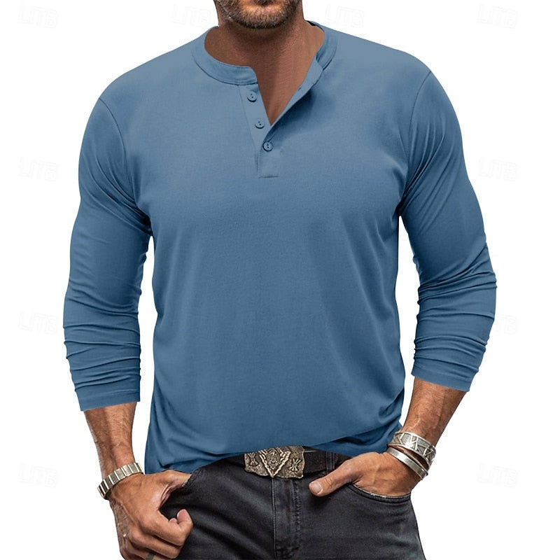Men's Henley Shirt with Stand Collar Button Placket