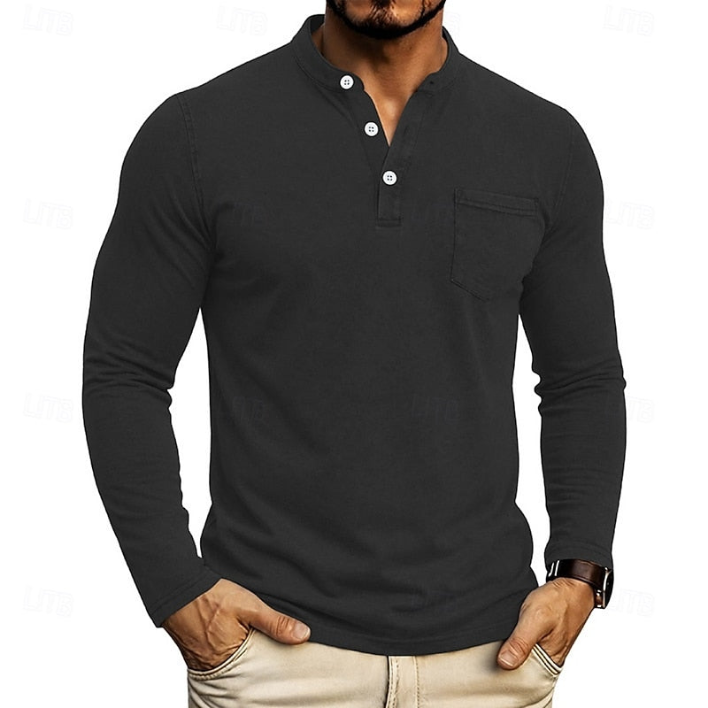 Men's Long Sleeve Henley with Chest Pocket