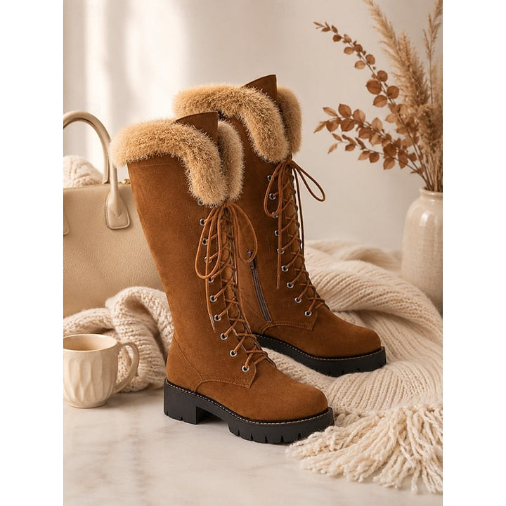 Women's Fur-Trimmed Knee-High Boots with Lace-Up Front