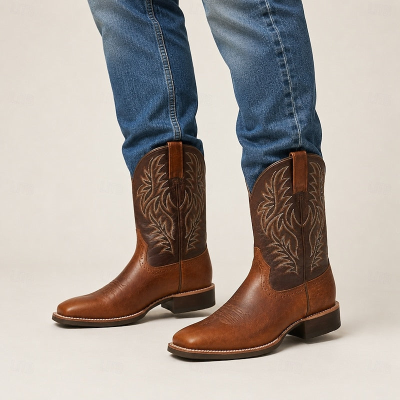 Men's Leather Western Cowboy Boots with Stitched Shaft
