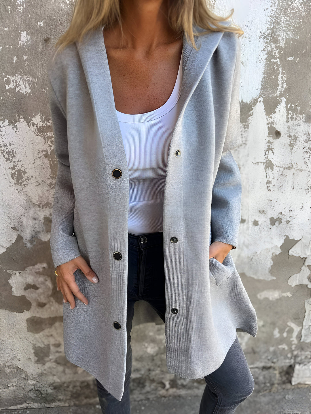 Women's Longline Hooded Jacket Single Breasted Relaxed Fit