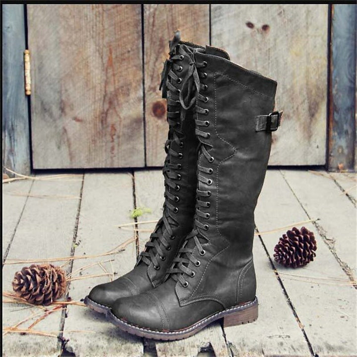 Bottes d’équitation pour femme en cuir, montant jusqu’au genou, avec laçage