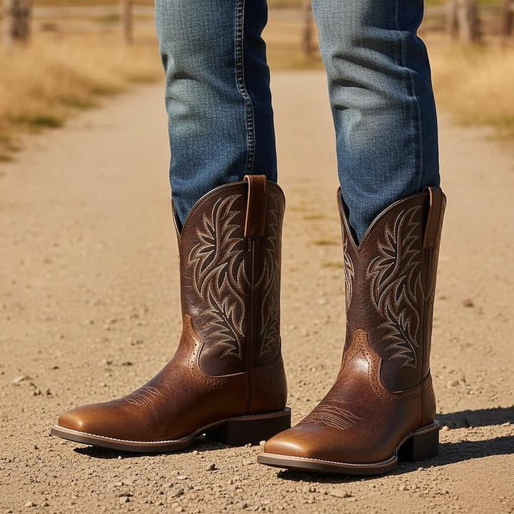 Men's Leather Western Cowboy Boots with Stitched Shaft