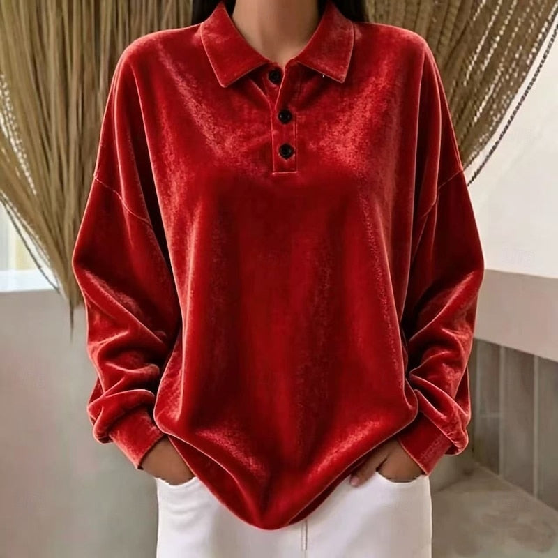 Women's Velvet Collared Top with Button Placket