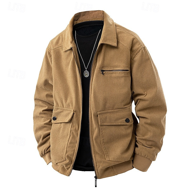 Men's Corduroy Zip-Up Jacket with Flap Pockets