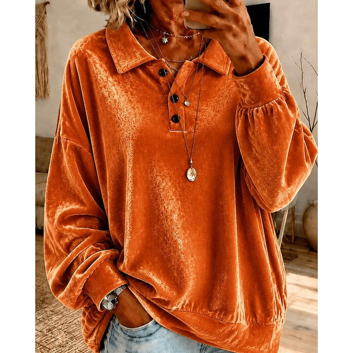 Women's Velvet Collared Top with Button Placket
