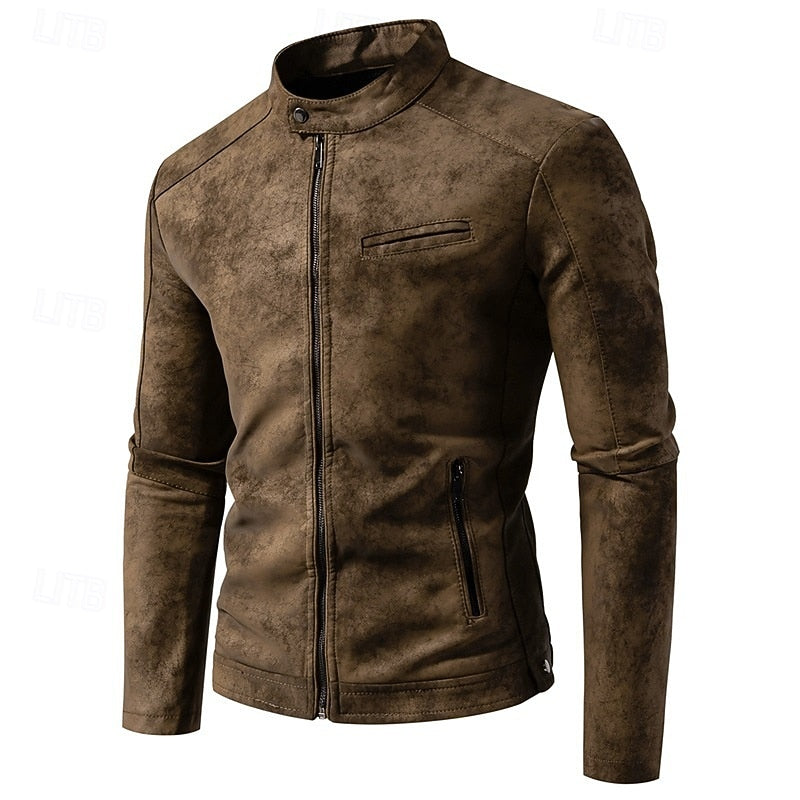 Men's Faux Leather Biker Jacket with Stand Collar