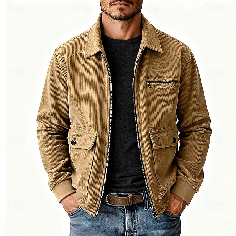 Men's Corduroy Zip-Up Jacket with Flap Pockets