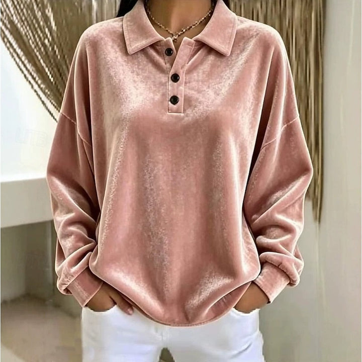 Women's Velvet Collared Top with Button Placket
