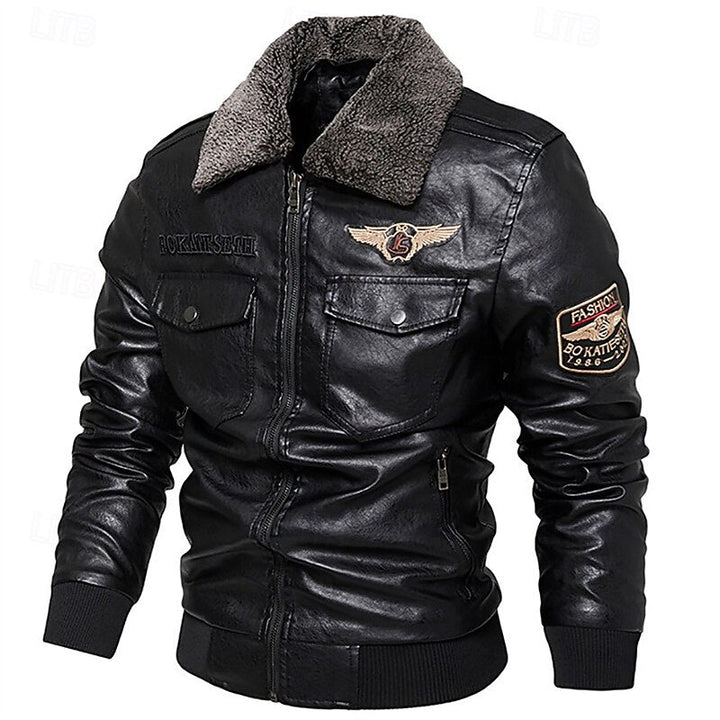 Blouson d’aviateur en cuir pour homme, avec col en fausse fourrure