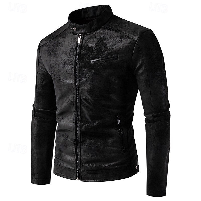 Men's Faux Leather Biker Jacket with Stand Collar