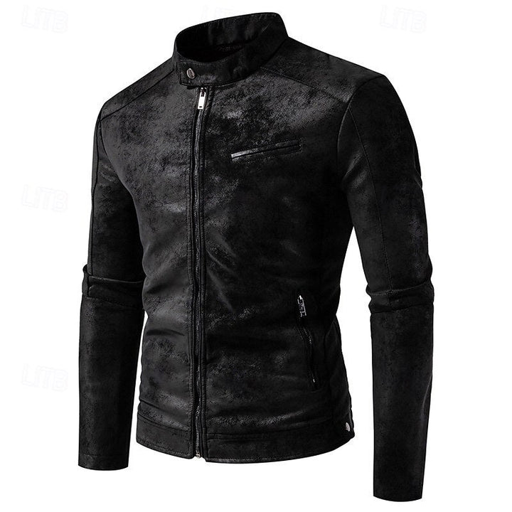 Men's Faux Leather Biker Jacket with Stand Collar