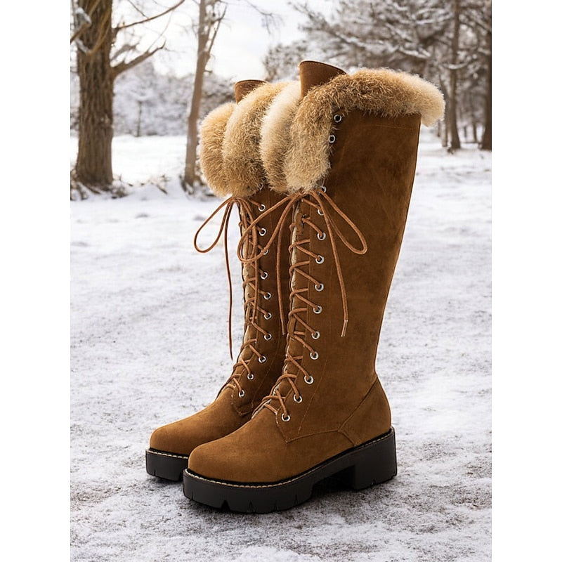 Women's Fur-Trimmed Knee-High Boots with Lace-Up Front