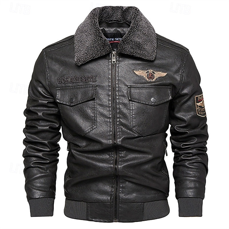 Blouson d’aviateur en cuir pour homme, avec col en fausse fourrure