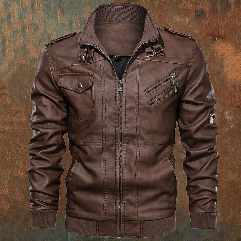 Men's Leather Biker Jacket with Stand Collar