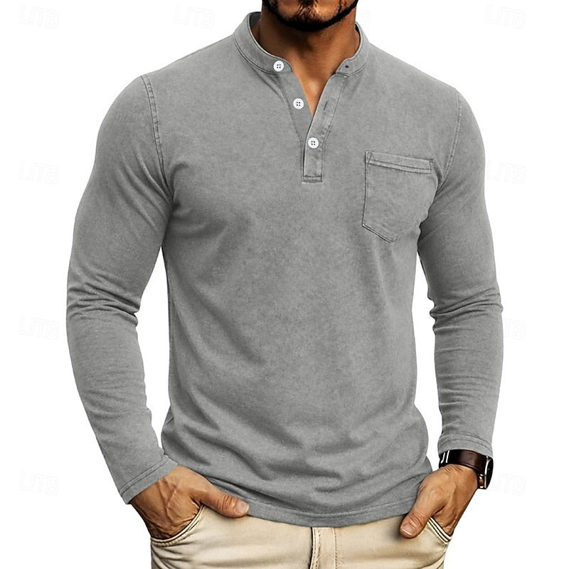 Men's Long Sleeve Henley with Chest Pocket