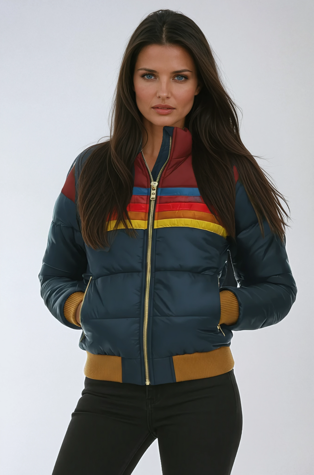 Women's Striped Panel Puffer Jacket with Ribbed Cuffs