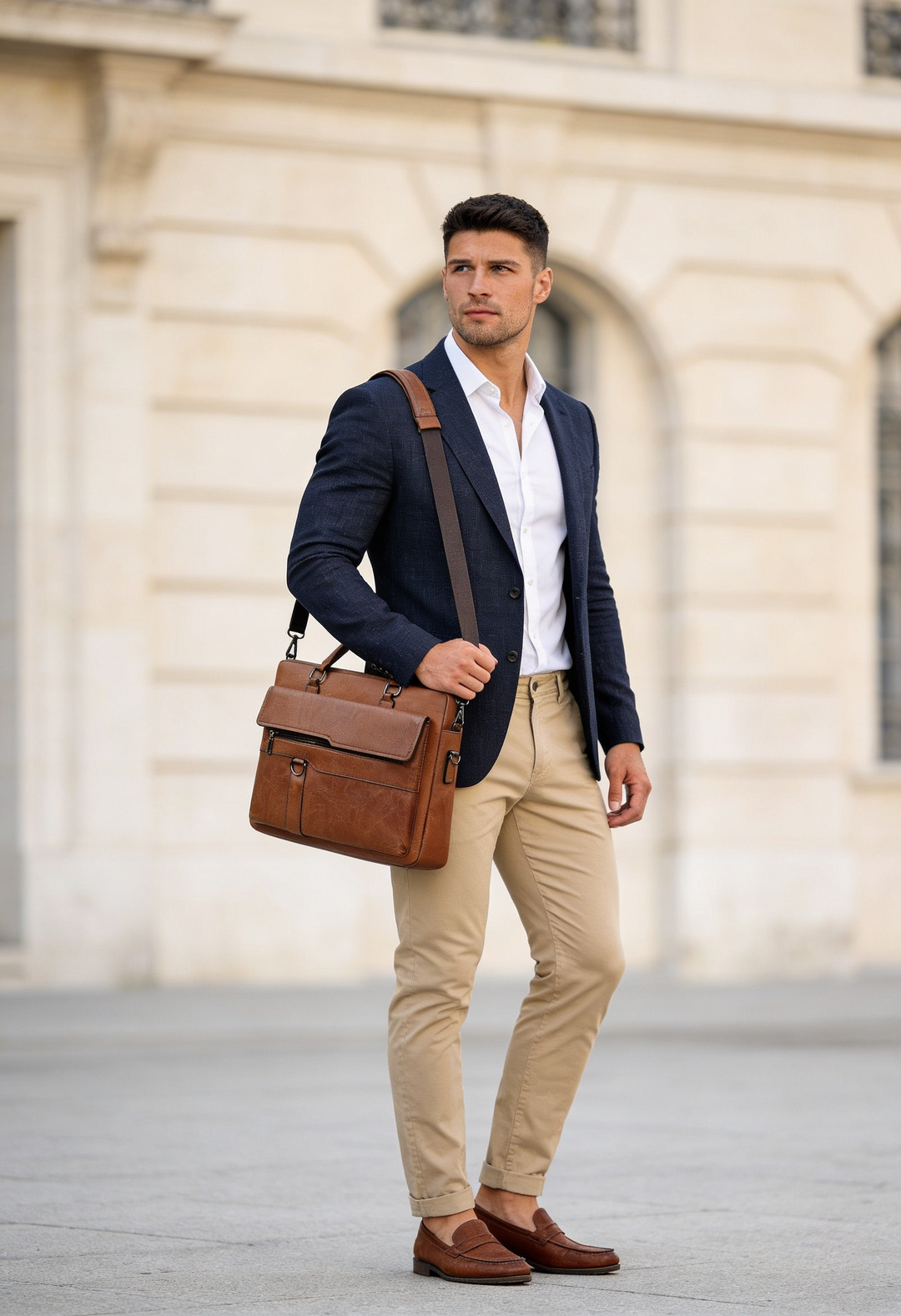 Men's Leather Briefcase Bag with Front Flap Pocket