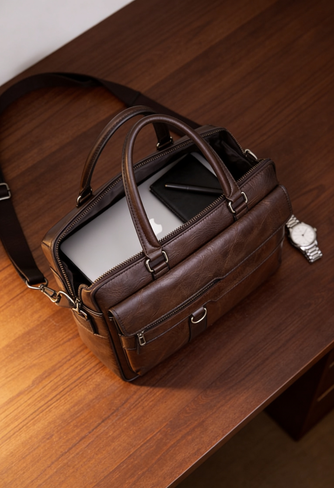Men's Leather Briefcase Bag with Front Flap Pocket