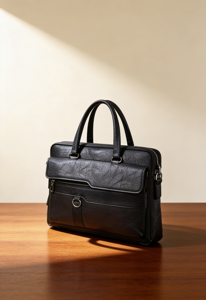 Men's Leather Briefcase Bag with Front Flap Pocket