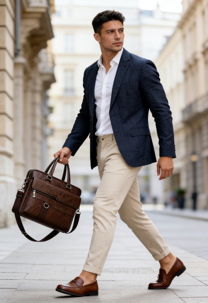 Men's Leather Briefcase Bag with Front Flap Pocket