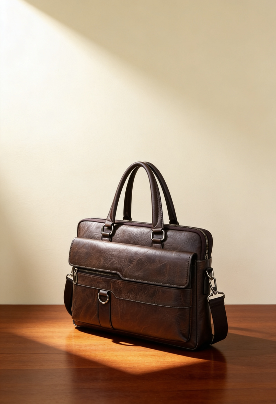 Men's Leather Briefcase Bag with Front Flap Pocket