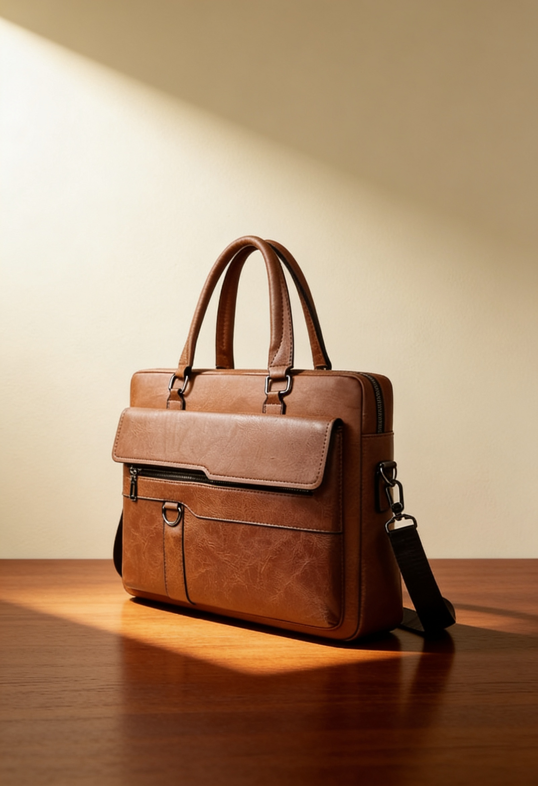 Men's Leather Briefcase Bag with Front Flap Pocket